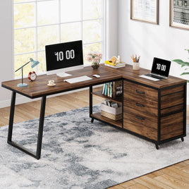 Tribesigns L-Shaped Computer Desk with 3 Drawers, Reversible Corner Desk for Home Office with Shelves, 53-Inch Industrial PC Desk