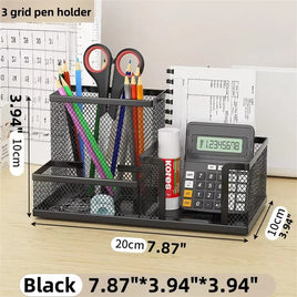 Black Mesh Desk Organizer – 3 Compartments with Pen Holder and Storage Baskets, Slim Desktop Caddy for Office Supplies