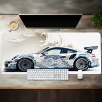 Großes weißes Gaming-Mauspad im Sportwagen-Design, rutschfeste Gummiunterseite, erweiterte Schreibtischunterlage für Gamer, Büro, Computerzubehör