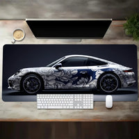 Großes weißes Gaming-Mauspad im Sportwagen-Design, rutschfeste Gummiunterseite, erweiterte Schreibtischunterlage für Gamer, Büro, Computerzubehör