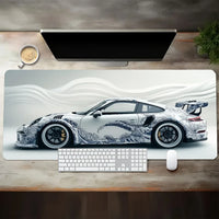 Großes weißes Gaming-Mauspad im Sportwagen-Design, rutschfeste Gummiunterseite, erweiterte Schreibtischunterlage für Gamer, Büro, Computerzubehör