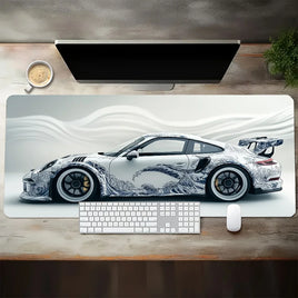 Large White Gaming Mouse Pad Sportscar Design, Non-Slip Rubber Base, Extended Desk Mat for Gamers, Office, Computer Accessories